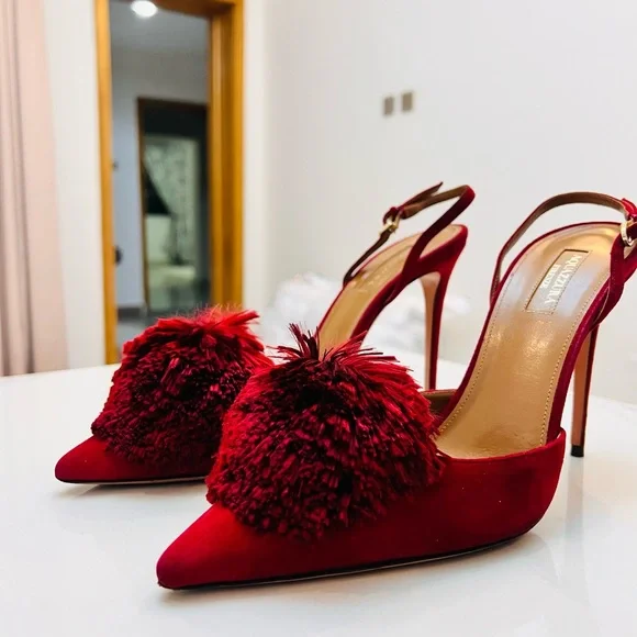 Aquazzura Red Pom Pom Heels - Picture 7 of 14